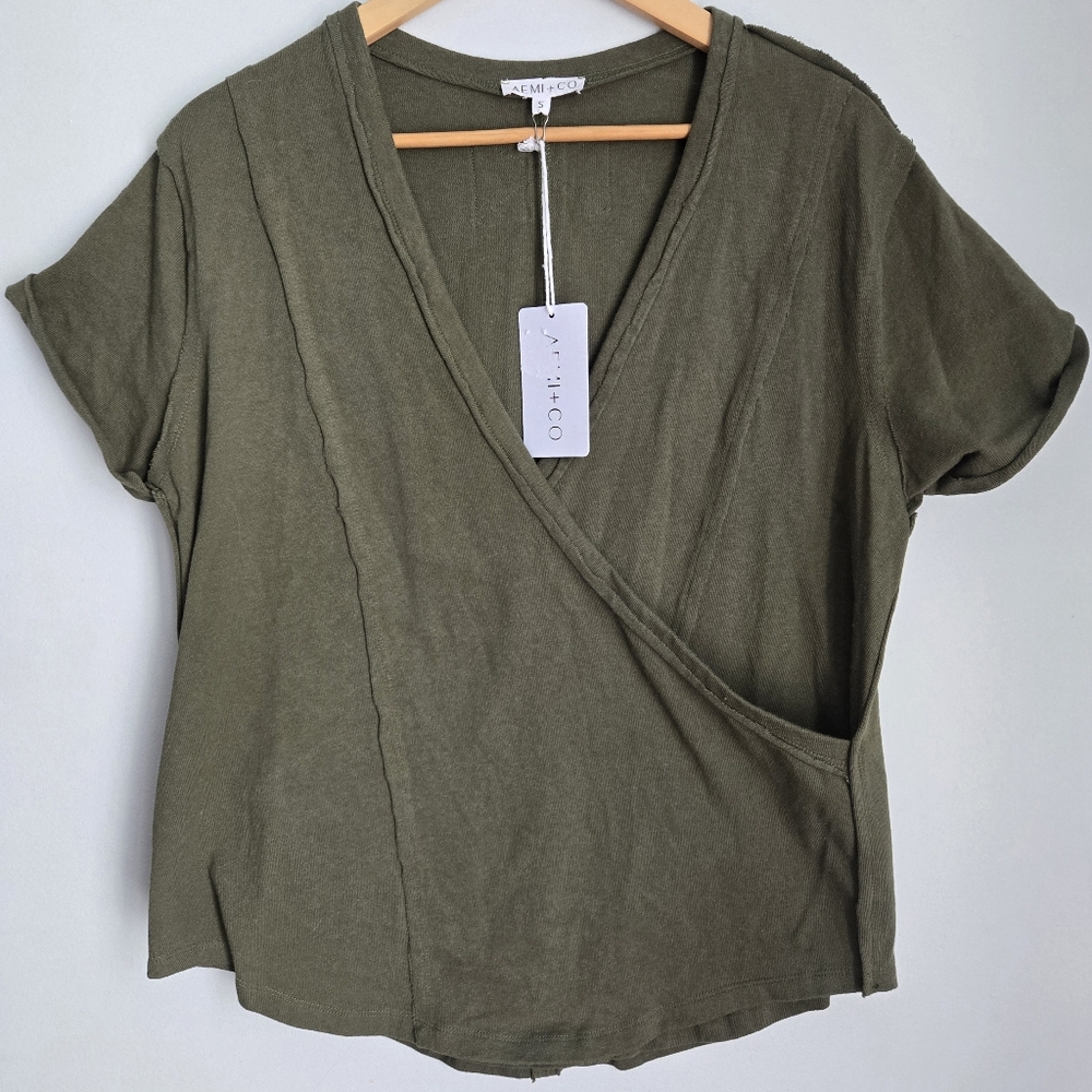 New AEMI + CO. Olive Green Faux Wrap Top